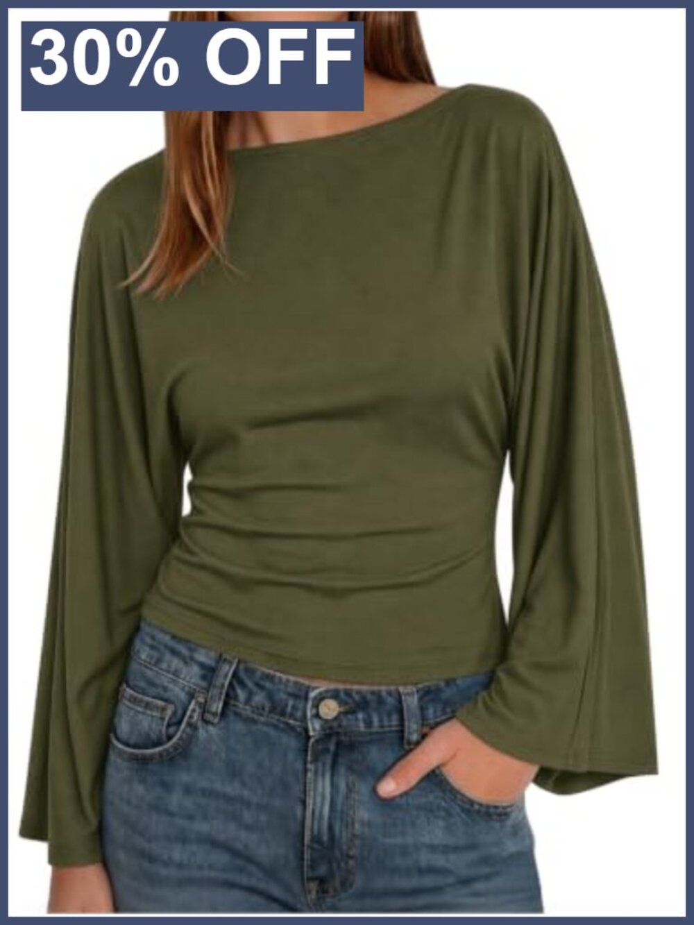 Women's Boat Neck Wrap Top Long Batwing Sleeve Tie Back Blouse